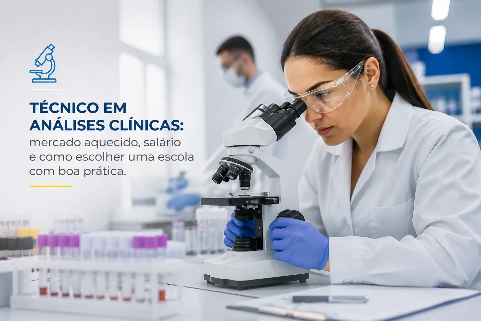 Mulher em laboratório com jaleco e microscópio