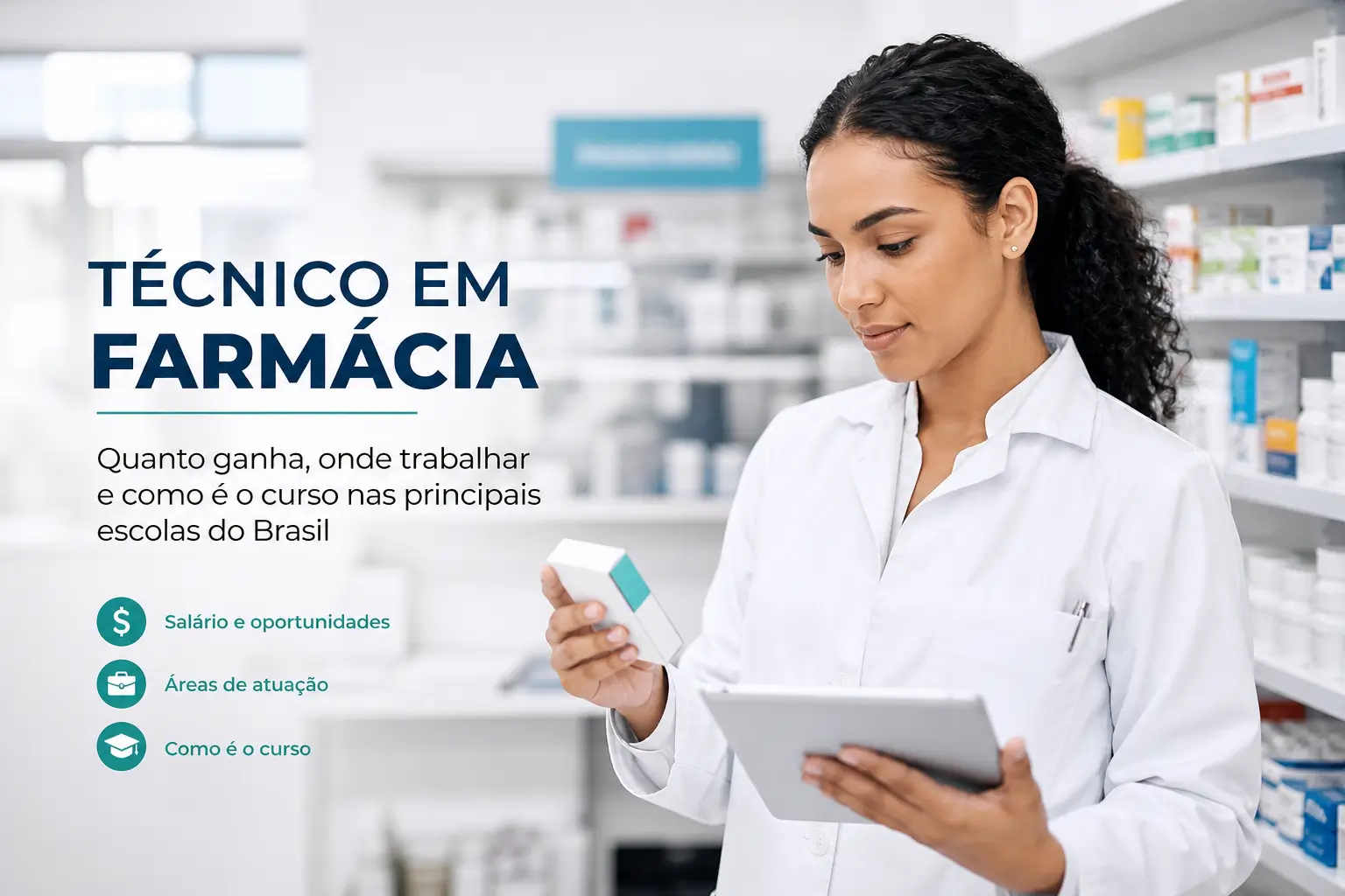 Jovem técnica em farmácia segurando medicamento na farmácia